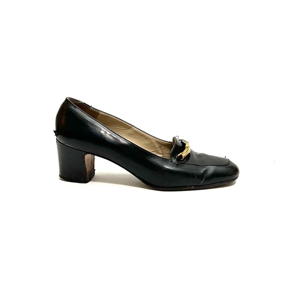 FERRAGAMO | Vintage 1990s black leather logo horsebit heeled loafers